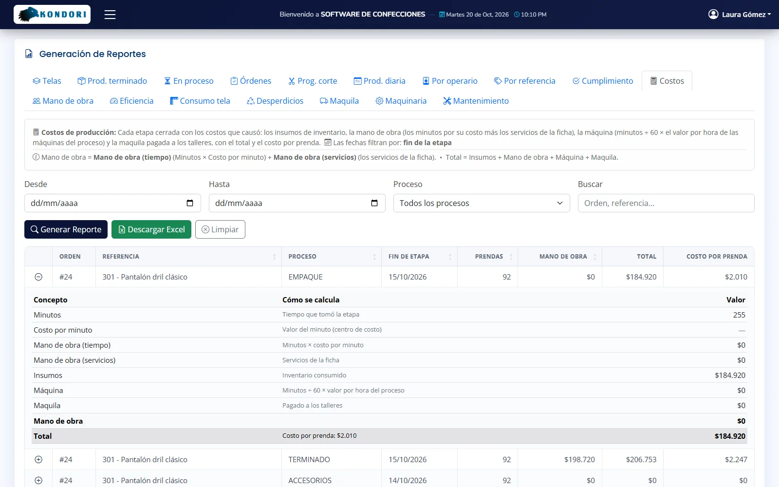 Pantalla de Costos en Confeccionando, con datos de ejemplo