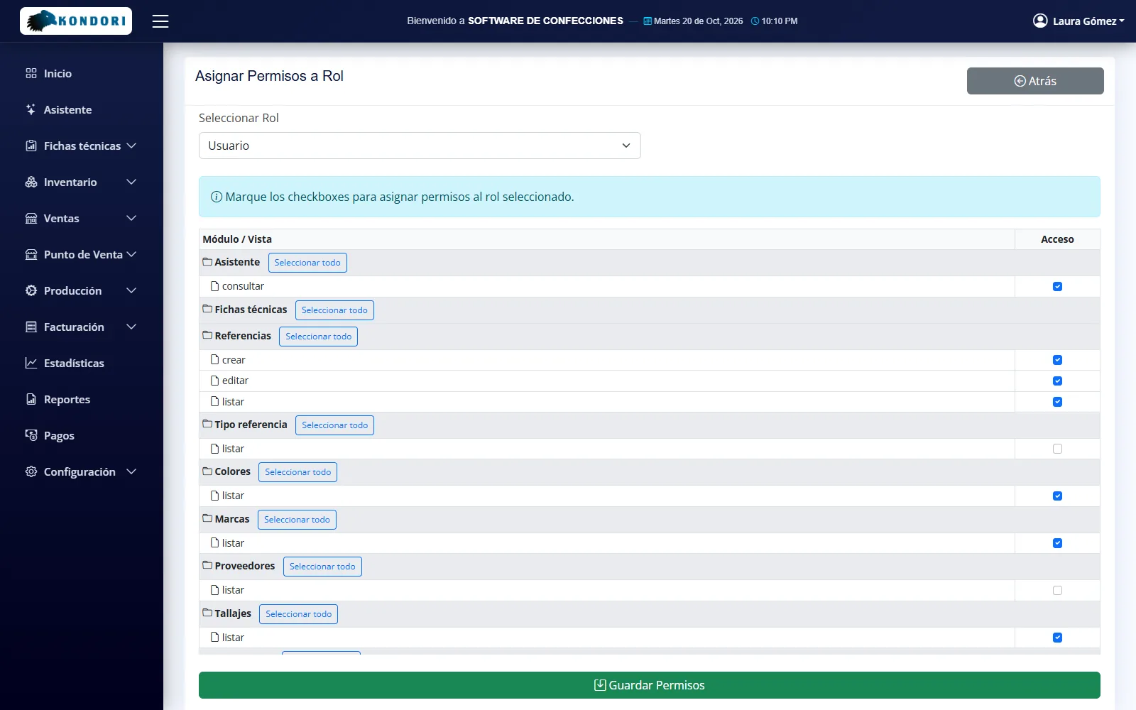 Pantalla de Configuración y control en Confeccionando, con datos de ejemplo