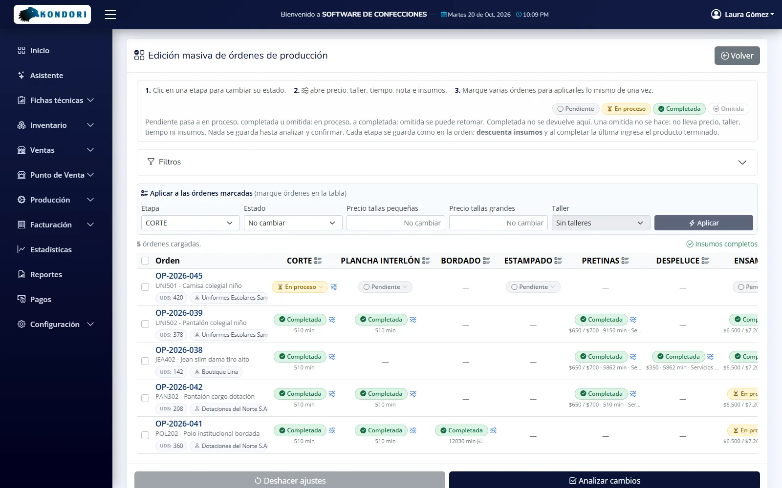 Pantalla de Edición masiva en Confeccionando, con datos de ejemplo