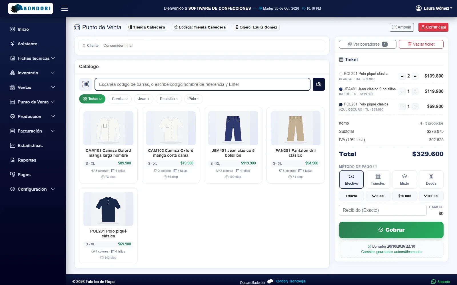 Pantalla de Punto de venta en Confeccionando, con datos de ejemplo